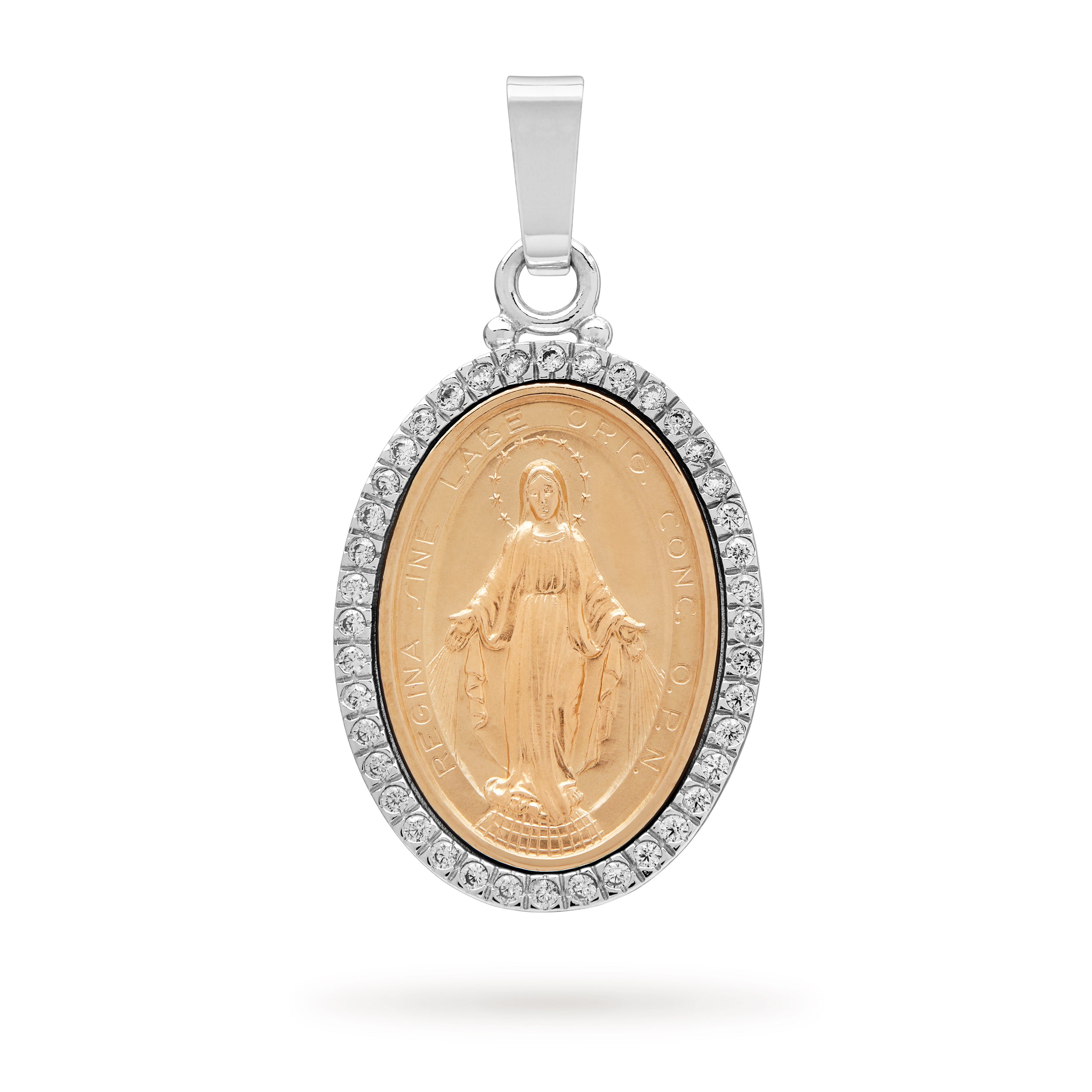 MEDALLA MILAGROSA OVALADA DE ORO BICOLOR CON CIRCONITAS